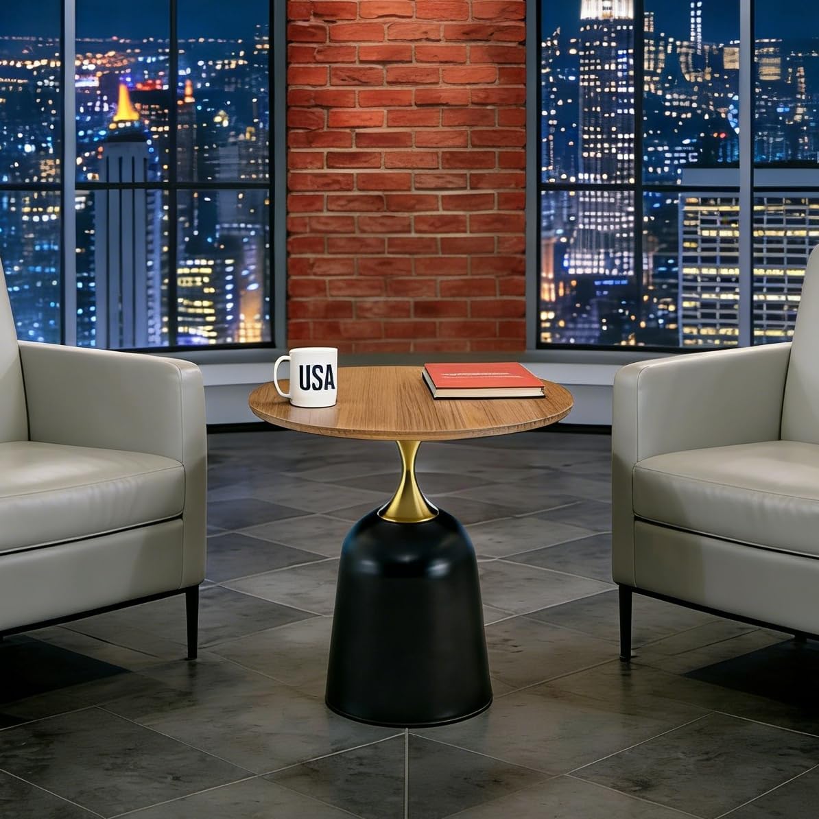 Round Side Table, 23.6 Inch, Walnut Wood Top with Black and Gold Metal Base, Modern Living Room End Table