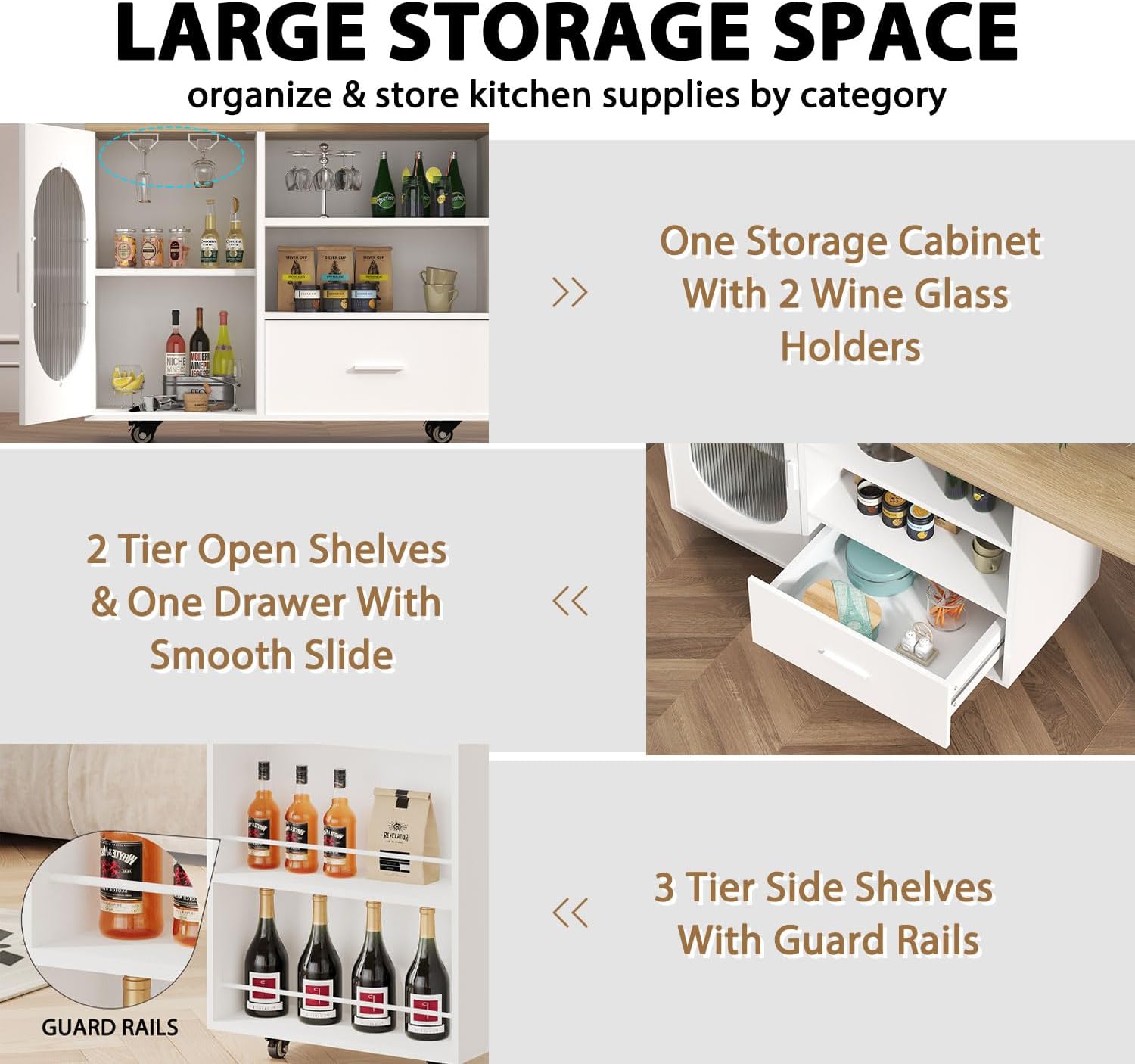 HSH 72.4” Rolling Kitchen Island with Swivel Table, Storage Cabinet, Drawers & Shelves, White Modern Mobile Island Cart on Wheels, Farmhouse Wood Island Table for Kitchen, Dining Room, Home Bar