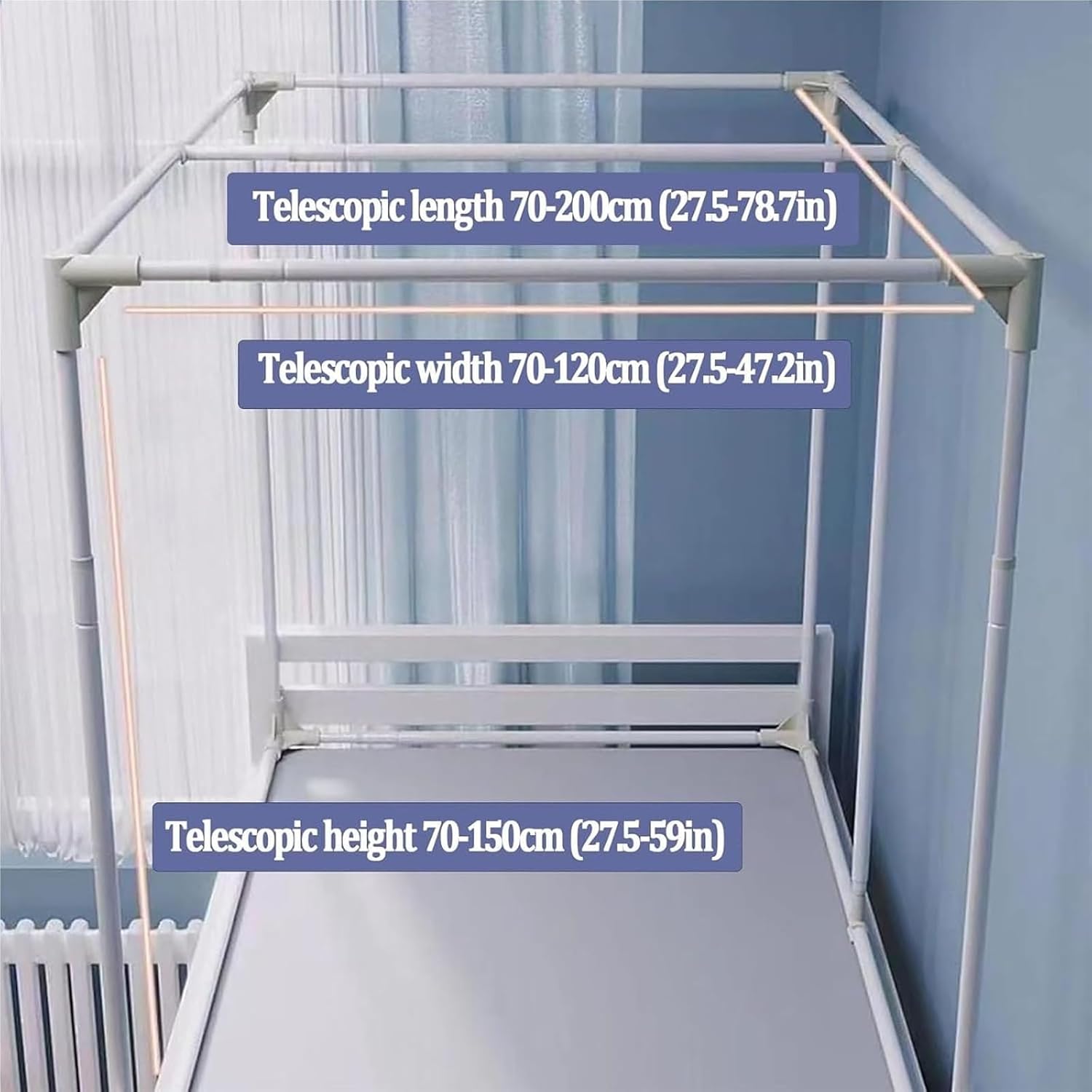 Canopy Poles for Bed, Retractable Top Bunk Bed Canopy Frame with 4 Corner Support, Adjustable Carbon Steel Poles for Dormitory School College, Bed Curtain Tent Frame