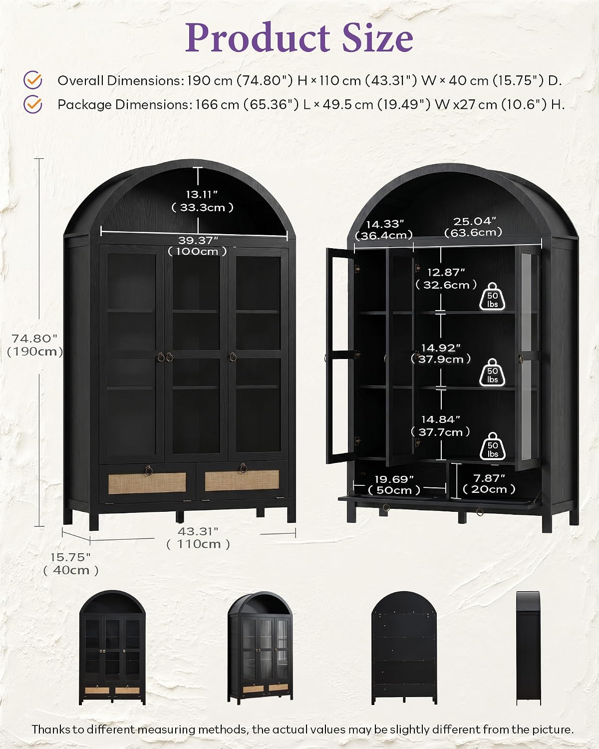 75'' Black Arched Cabinet, Arch Pantry Storage Cabinet with 3 Glass Doors | TYBOATLE, Pantry Cabinet, Farmhouse Style, Rattan Drawers, Anti-Tip Device, Kitchen, Bathroom, Dining Room, Cupboard Storage