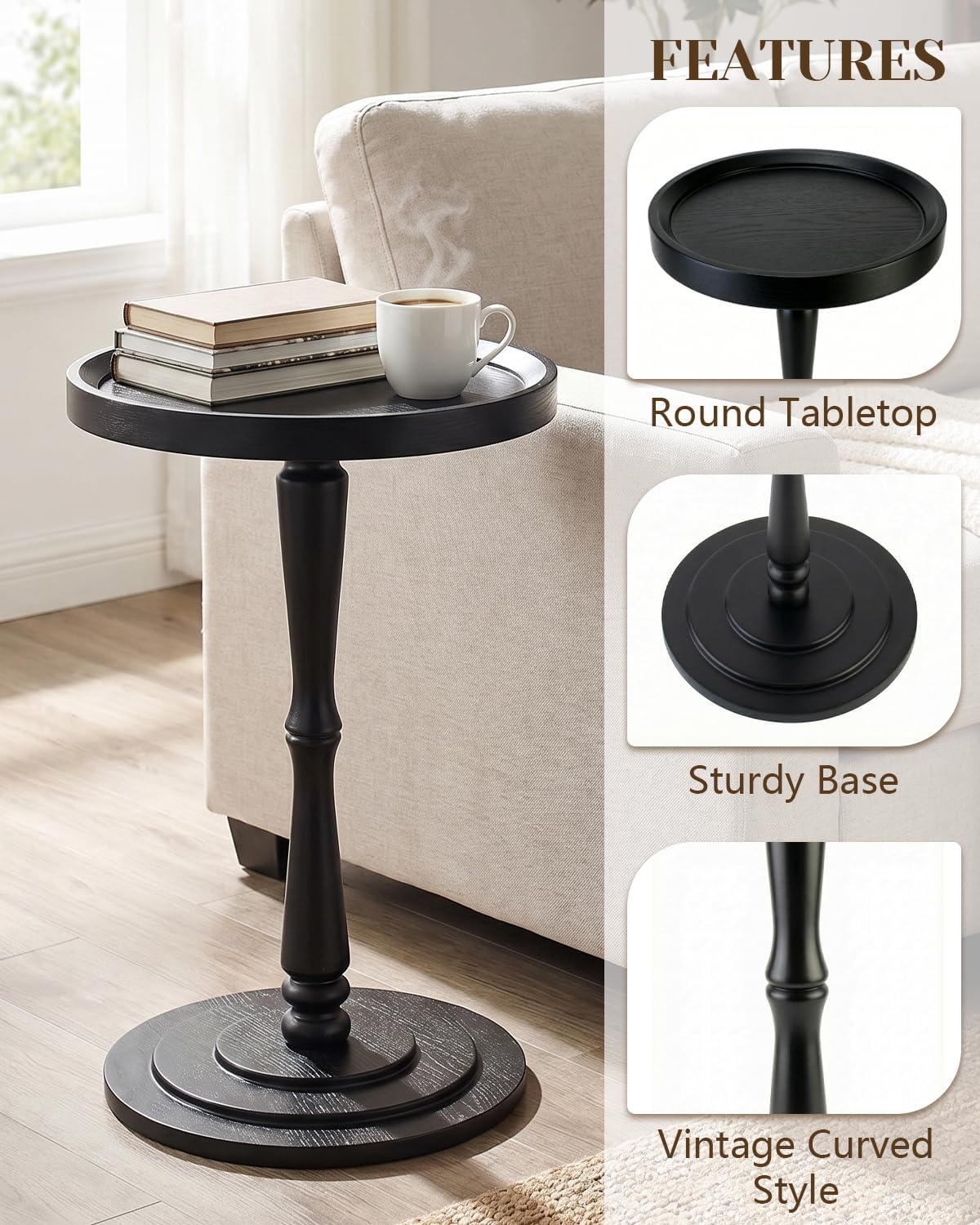 Small Round Side Table, Drink Table, Coffee Martini Table for Small Spaces Modern Accent End Table Nightstand with Solid Wood Leg for Living Room, Bedroom, Corners and Office (Black)