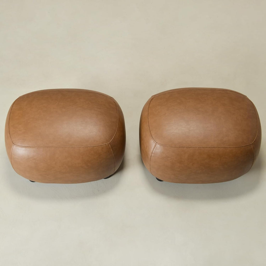 KINWELL 23" Wide Faux Leather Upholstered Ottoman Set of 2, Mid-Century Modern Living Room Footrest with Soft Padded Seat, Footstool for Bedroom, Entryway or Living Room, Camel