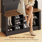 Itaar Hall Tree with Bench and Shoe Storage, 3-in-1 Entryway Bench with Coat Rack, Hall Tree with Adjustable Shoe Storage and Hanging Hooks, White and Brown (Black)