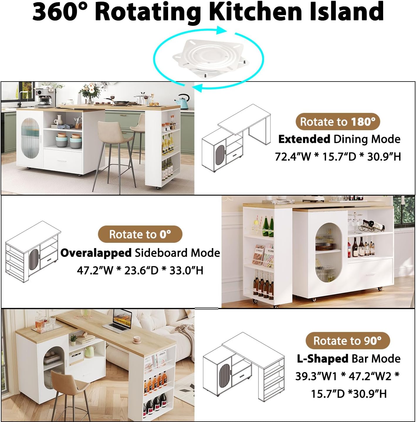 HSH 72.4” Rolling Kitchen Island with Swivel Table, Storage Cabinet, Drawers & Shelves, White Modern Mobile Island Cart on Wheels, Farmhouse Wood Island Table for Kitchen, Dining Room, Home Bar