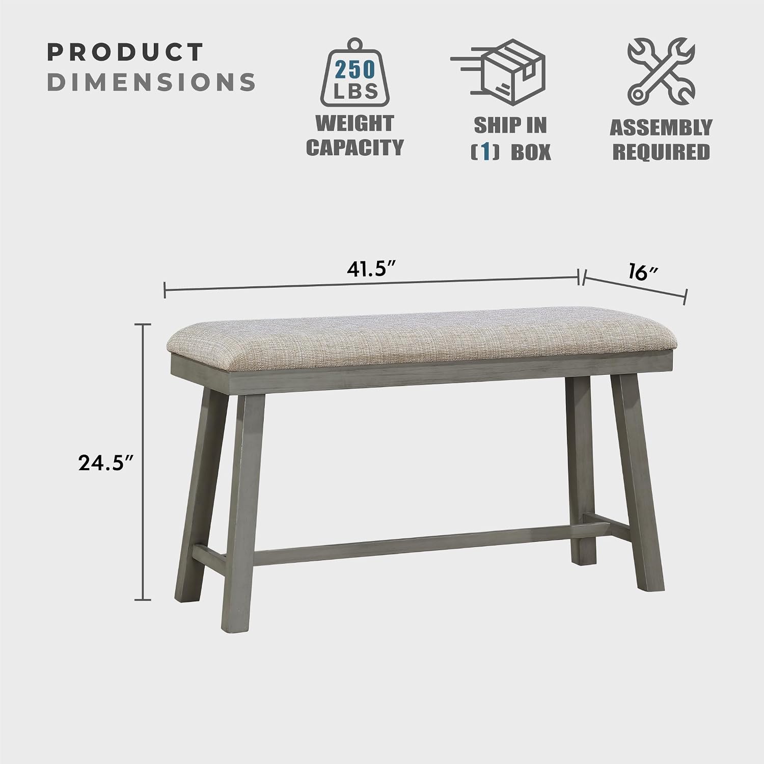 Lexicon Counter Height Bench for Dining Room Table, 41.5" Wood Bench with Grey Padded Seat for Home and Kitchen, Indoor Wooden Bench for Dining Room, Kitchen Bench, Dining Bench, Easy Assembly, Grey