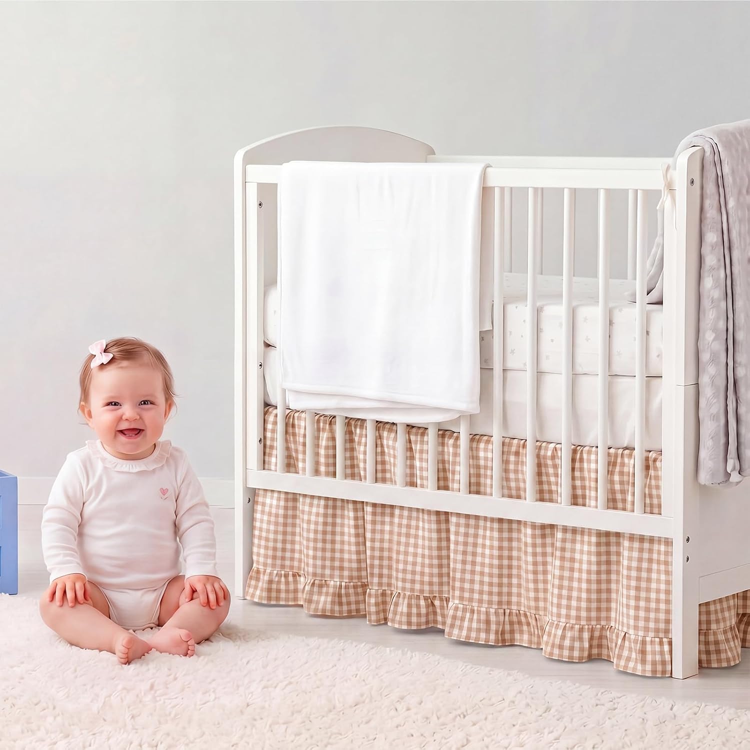 Gingham Crib Skirt Dust Ruffle 52 x 28 Inch 100% Washed Cotton Ruffle Plaid Baby Crib Bed Skirt Soft Farmhouse for Boys & Girls Nursery Bedding Decor, Fits Standard Cribs(Beige)
