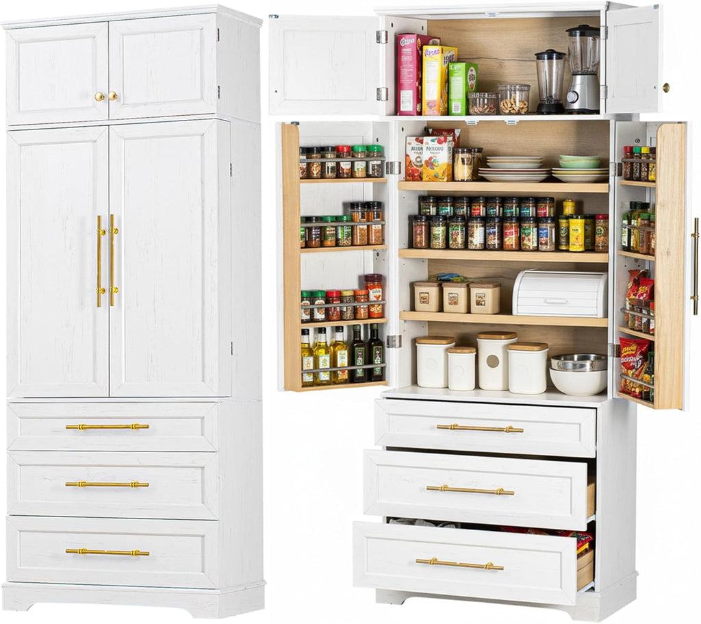 Merax 78.2" Tall Farmhouse Kitchen Pantry Cabinet with 8 Door Shelves, Storage Cabinet with 3 Adjustable Shelves, 3 Large Drawers, Versatile Cupboard for Kitchen, Dining & Bathroom, Retro White