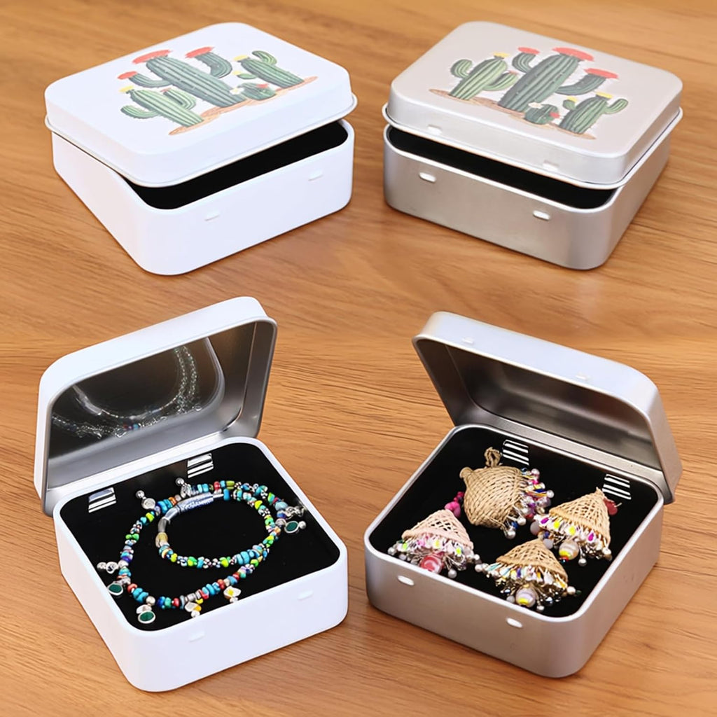 Goodma 12 Pieces Square Metal Empty Tins with Hinged Lid | Home Storage Containers Organizer, Mini Box, Cactus Image, 2.76x2.76x0.79 inch, 2 Colors Assorted