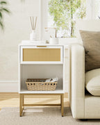 Masupu Rattan Nightstand,Modern Night Stand Boho Farmhouse Wood Bedside Table with Storage Drawer Side End Table for Bedroom,Living Room, White