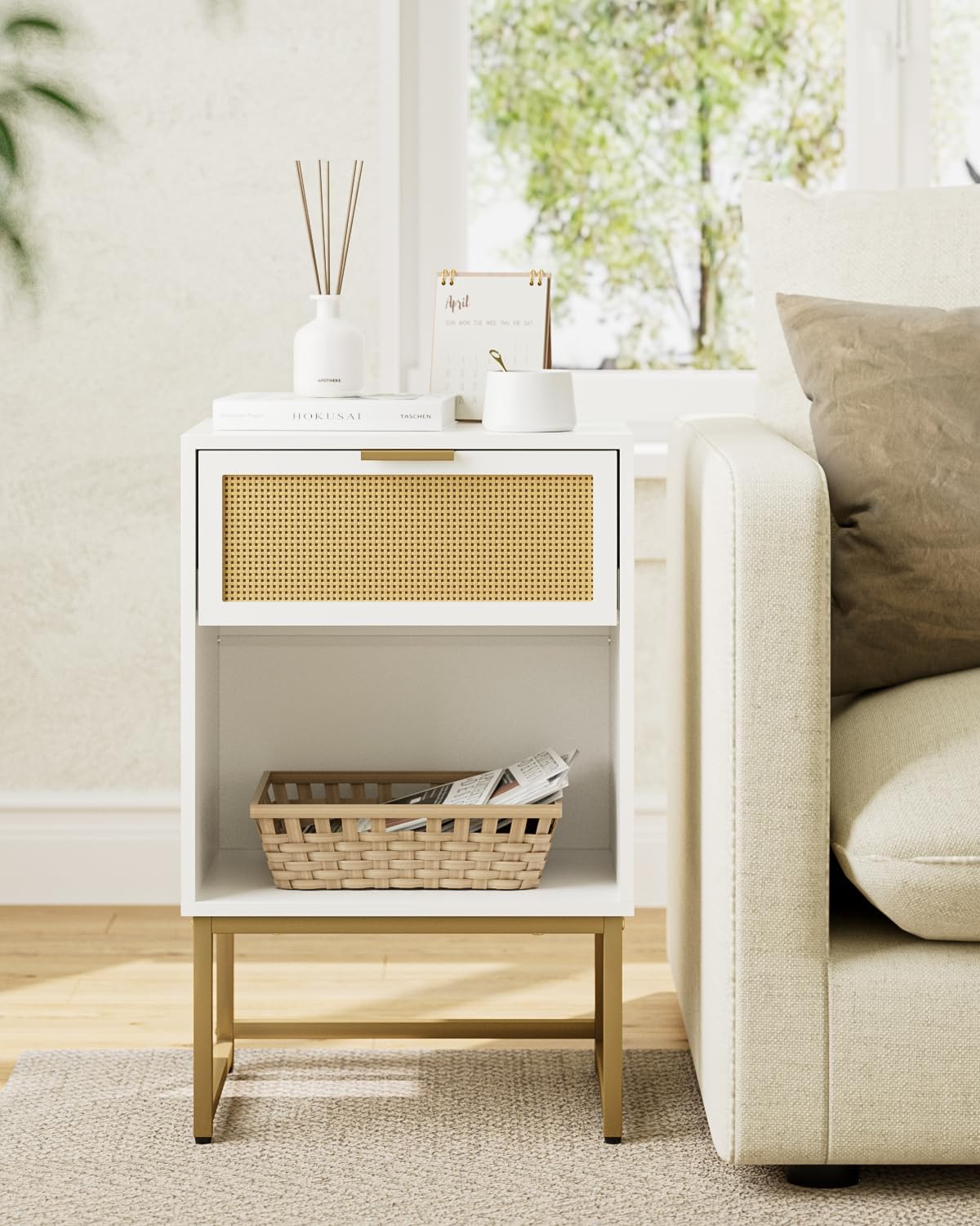 Masupu Rattan Nightstand,Modern Night Stand Boho Farmhouse Wood Bedside Table with Storage Drawer Side End Table for Bedroom,Living Room, White
