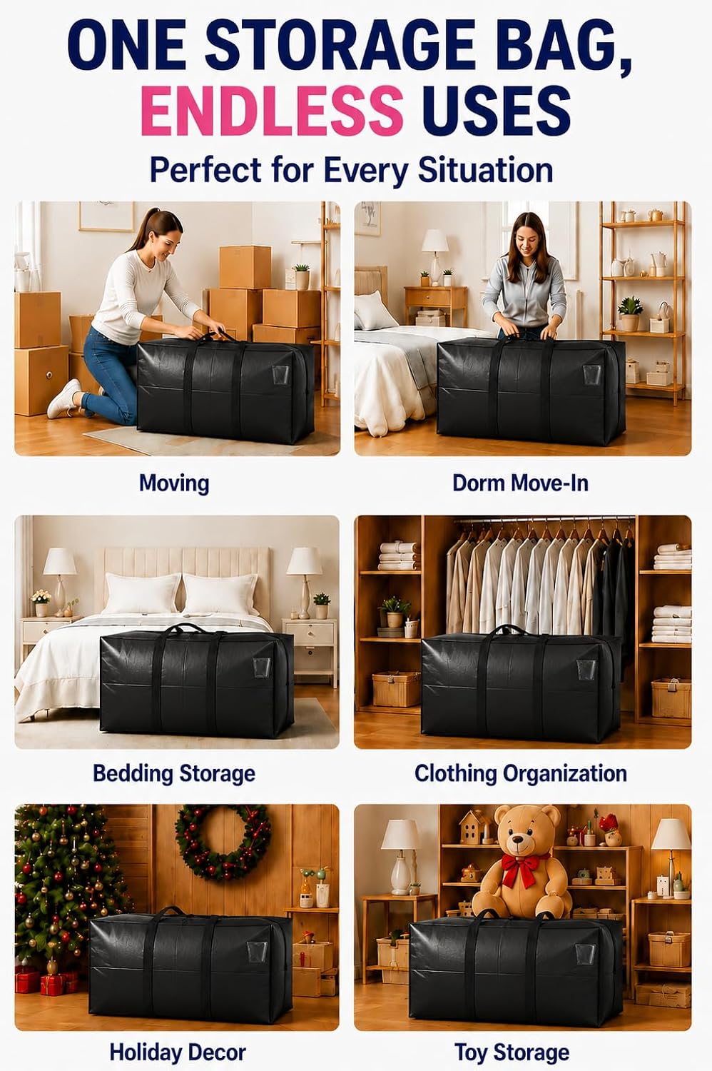 155 Gallon Extra Large Storage Bags, Jumbo Moving Storage Bags, Foldable Big Black Waterproof Outdoor Patio Cushion Storage Bag, 60x30x20inch - 1PACK