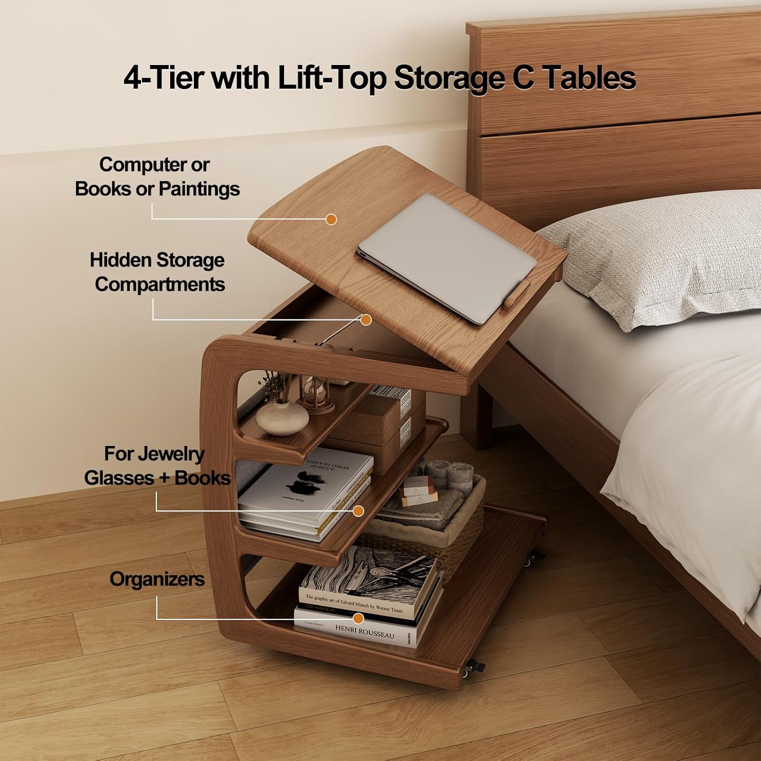 AQIMUELE Rolling Side Table, C Shaped End Table, C Table with 4 Wheels Solid Wood Small Rolling Desk with Adjustable Desktop,C Shaped End Table for Couch,Home Office(15.6" D x 23.6" W x 24.3" H)