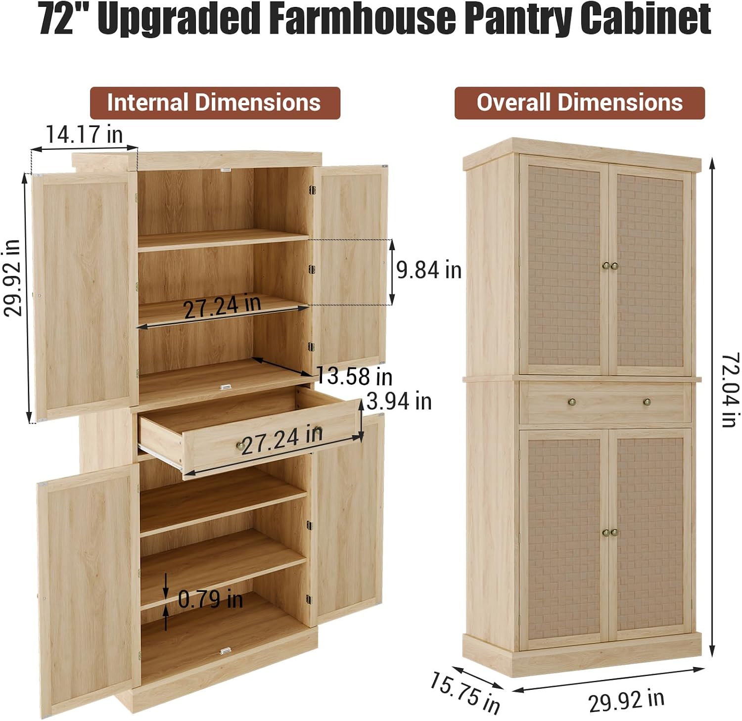 Kitchen Pantry Cabinet with 4 Doors and Adjustable Shelves, 72" Tall Farmhouse Storage Pantries with 1 Drawer for Living Room, Dining Room