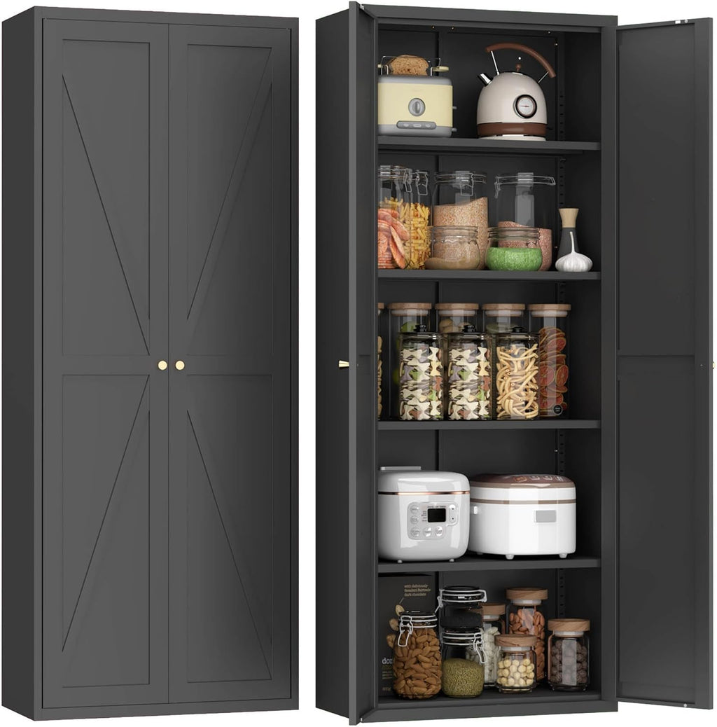 Metal Storage Cabinet with Doors and Shelves, Tall Kitchen Pantry Cabinet, Modern Freestanding Food Storage Cabinet with Gold Handles for Living Room, Dining Room, Office, (Black, 71")