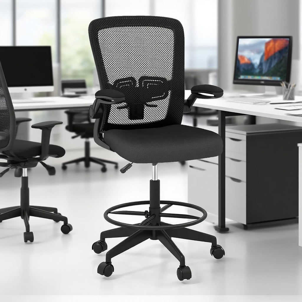 POWERSTONE Drafting Chair, Ergonomic Tall Office Chair for Standing Desk with 3IN Thick Cushion, Flip-up Arm, Adjustable Back Support & Footrest Workbench Rolling Stool Computer Chair (Black 1PCS)