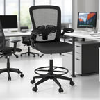 POWERSTONE Drafting Chair, Ergonomic Tall Office Chair for Standing Desk with 3IN Thick Cushion, Flip-up Arm, Adjustable Back Support & Footrest Workbench Rolling Stool Computer Chair (Black 1PCS)