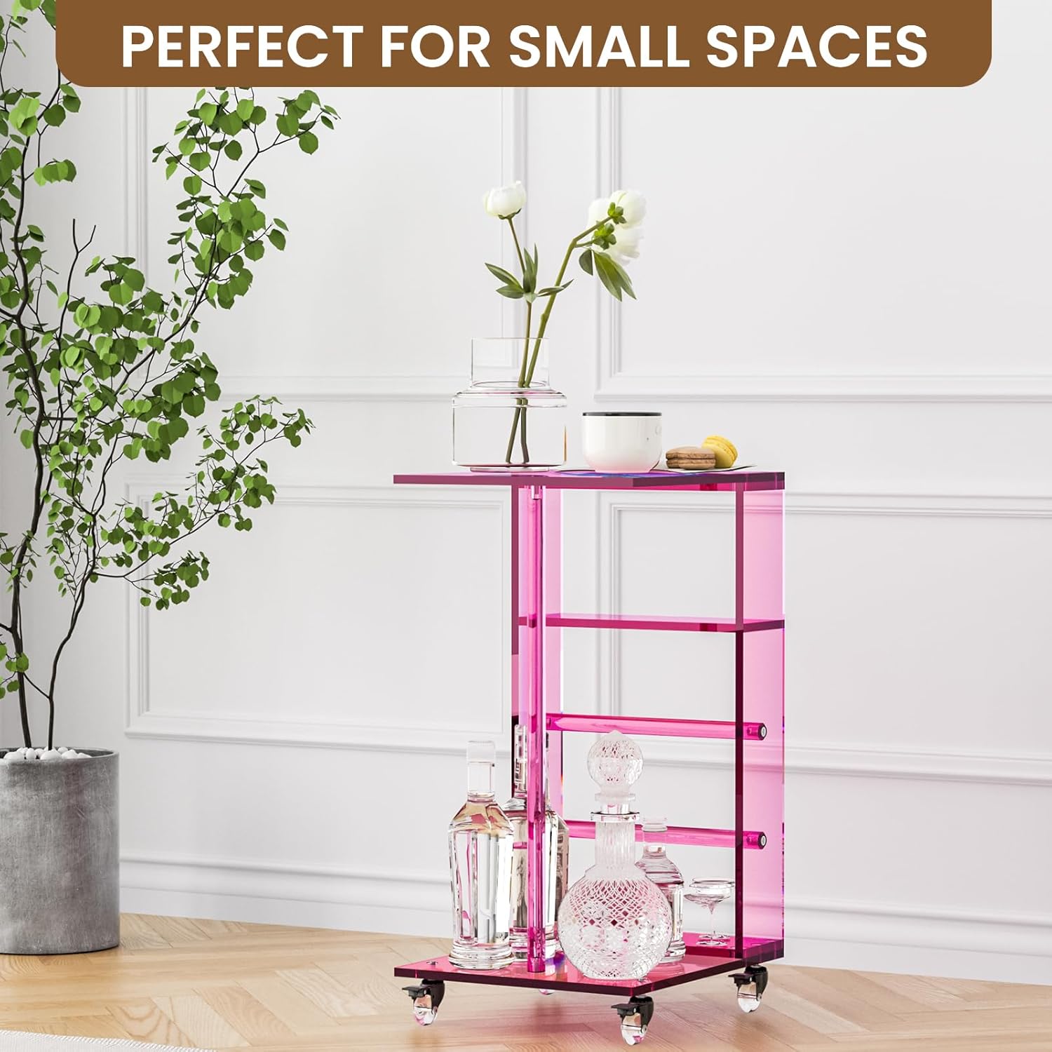 Dethan Clear Acrylic C Shaped Side Table with Wheels – Small Modern End Table, Rolling Coffee Snack Table for Living Room, Bedroom, Sofa, Bedside, Pink
