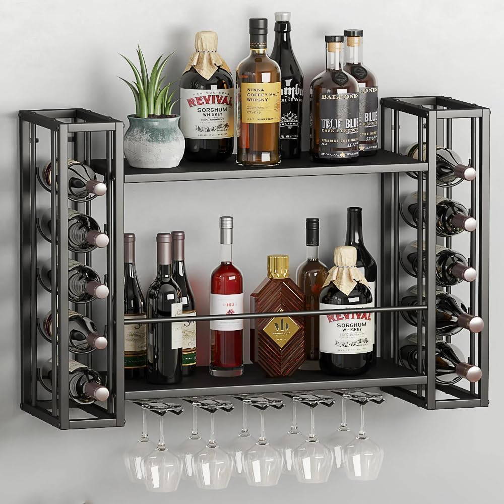 Wall Mounted Wine Rack, Wine Rack Wall Mounted with Wine Glass Rack, 2-Tier Multi-Functional Shelf for Home Restaurant Bar Storage Rack (Black, 40" W x 9.8" D x 21.6" H)