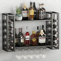 Wall Mounted Wine Rack, Wine Rack Wall Mounted with Wine Glass Rack, 2-Tier Multi-Functional Shelf for Home Restaurant Bar Storage Rack (Black, 40" W x 9.8" D x 21.6" H)