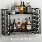 Wall Mounted Wine Rack, Wine Rack Wall Mounted with Wine Glass Rack, 2-Tier Multi-Functional Shelf for Home Restaurant Bar Storage Rack (Black, 40" W x 9.8" D x 21.6" H)
