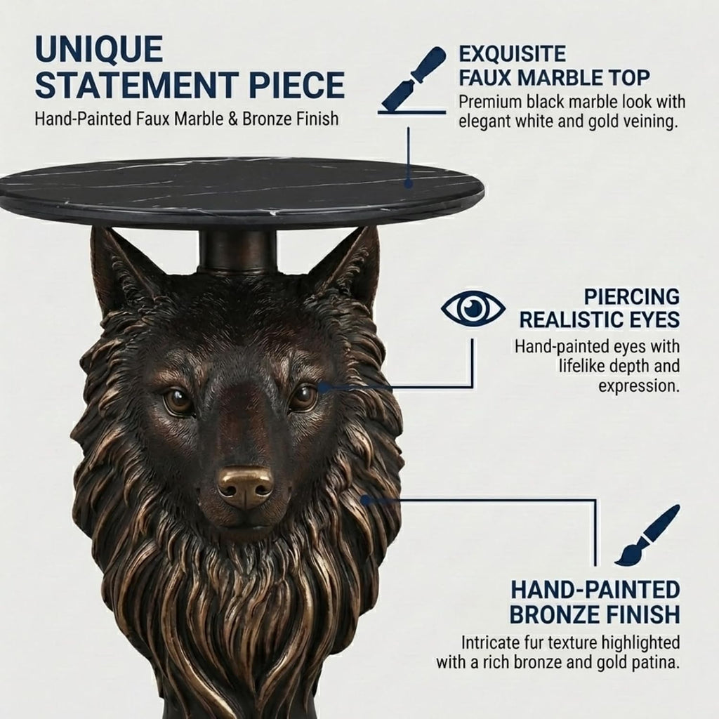 Wolf Head Side Table, Round End Table with 17.72" Black Faux Marble Top, Resin Wolf Statue Base, Unique Animal Accent Tables for Living Room Bedroom Home Decor