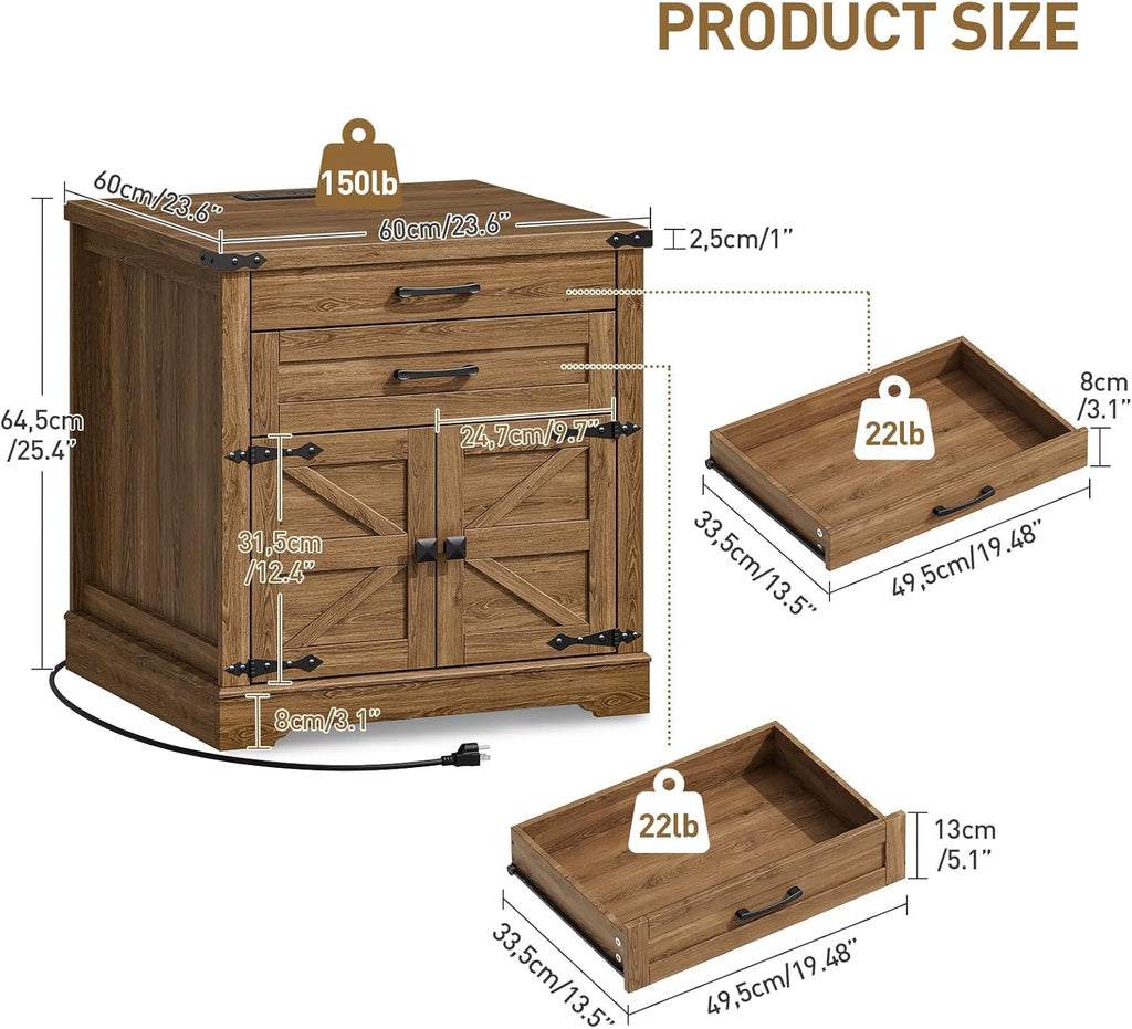 RALGEND Farmhouse End Table with Charging Station, 24'' Sofa Side Table with 2 Drawers and Barn Door, Large Rustic Wooden Square Nightstand for Bedroom, Living Room, Walnut