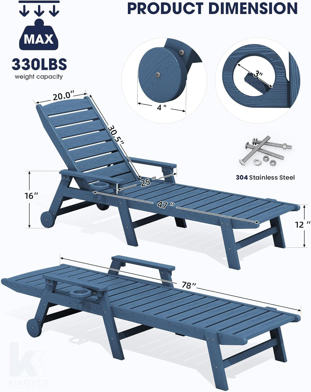 KINGYES HDPE Lounge Chair Outdoor Set of 2, Patio Chaise Lounge Recliner with Cup Holder All Weather Pool Lounger for Outside, Blue