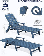 KINGYES HDPE Lounge Chair Outdoor Set of 2, Patio Chaise Lounge Recliner with Cup Holder All Weather Pool Lounger for Outside, Blue
