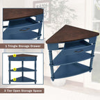 33.8" Navy Blue Triangle Corner Table for Small Spaces, Mini 3 Tier End Table with 1 Storage Drawers & Open Shelves, Vintage Wood Corner Accent Side Tables for Living Room Bedroom (Navy Blue)