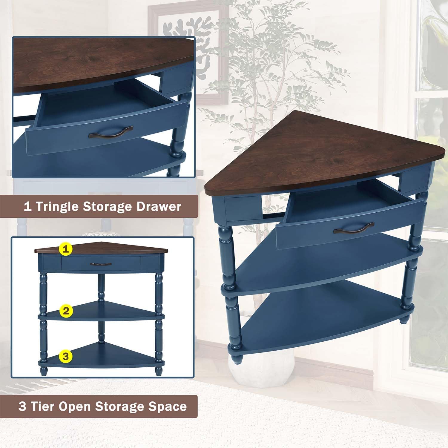 33.8" Navy Blue Triangle Corner Table for Small Spaces, Mini 3 Tier End Table with 1 Storage Drawers & Open Shelves, Vintage Wood Corner Accent Side Tables for Living Room Bedroom (Navy Blue)