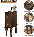 Solid Wood End Table, Walnut Narrow Side Table with Drawers, Small Nightstand Skiny Beside Table for Small Space, Living Room, Bedroom, 8" Width