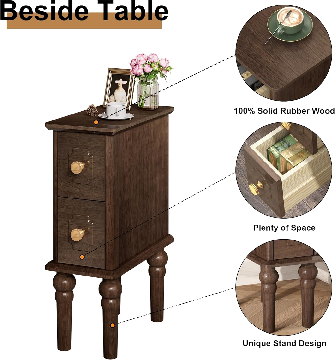 Solid Wood End Table, Walnut Narrow Side Table with Drawers, Small Nightstand Skiny Beside Table for Small Space, Living Room, Bedroom, 8" Width