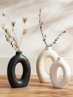 LE TAUCI Ceramic Vases Set of 2, Cream Hollow Donut Flower Vases, Nordic Boho Decor Decorative Centerpiece for Living Room, Table, Shelf, Mantel, Warm Ivory Speckled (H10.5”xW8.5”)