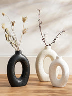 LE TAUCI Ceramic Vases Set of 2, White Hollow Donut Flower Vases, Nordic Decor Decorative Centerpiece for Living Room, Office Table, Shelf, Mantel, White Speckled (H10.5”xW8.5”)