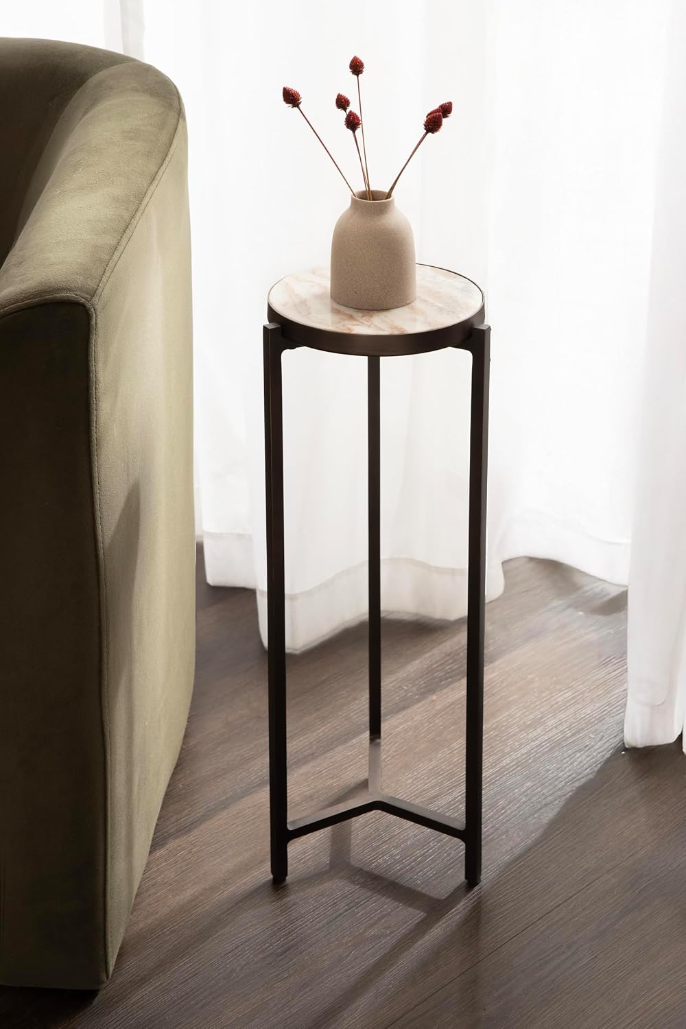Kate and Laurel Aguilar Modern Round Drink Table, 9 x 9 x 23, Brown Marble and Bronze, Genuine Toronto Marble Accent Table for Use as Indoor Plant Stand or Pedestal Martini Table