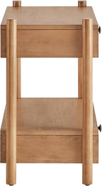 Modern Wood Nightstand with Two Drawers and Open Shelf, Solid Wood Legs, Brushed Bronze Hardware, Bedside End Table for Bedroom or Living Room