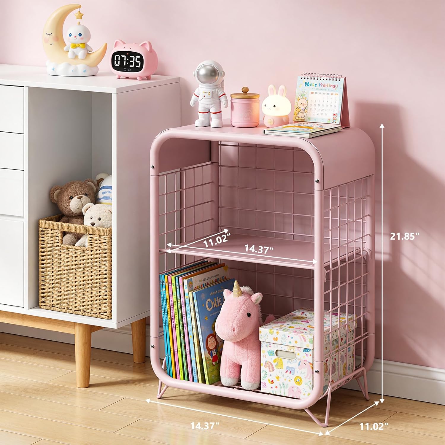 Cute Nightstand, Metal End Table, Side Table with Storage, 3-Tier Narrow End Table for Girls, Small Beside Table for Bedroom, Living Room, Office, Decor, Pink