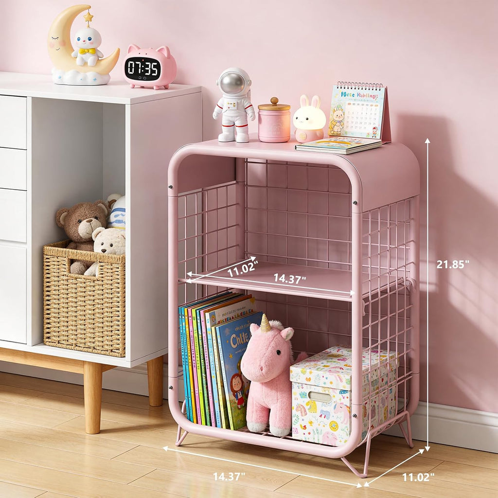 Pink Nightstand with Storage, Metal End Table, 3-Tier Side Table, Narrow Bedside Table for Bedroom, Small Space Accent Table for Living Room, Dorm, Office