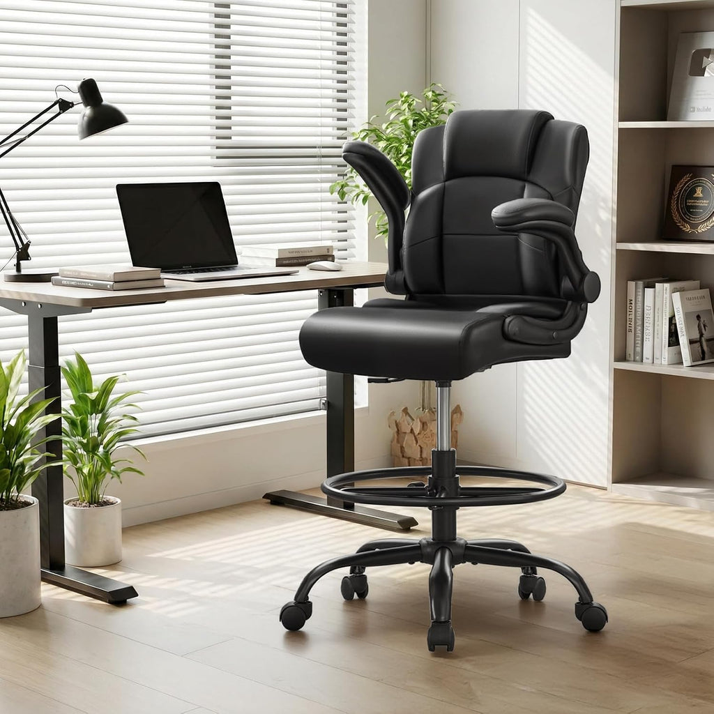 Drafting Chair, Tall Office Chair for Standing Desk, 500Lbs PU Leather Ergonomic Chair with 90 °Flip-up Armrests, Adjustable Foot Ring & Height, for Home, Drawing, or Counter Use(Black)