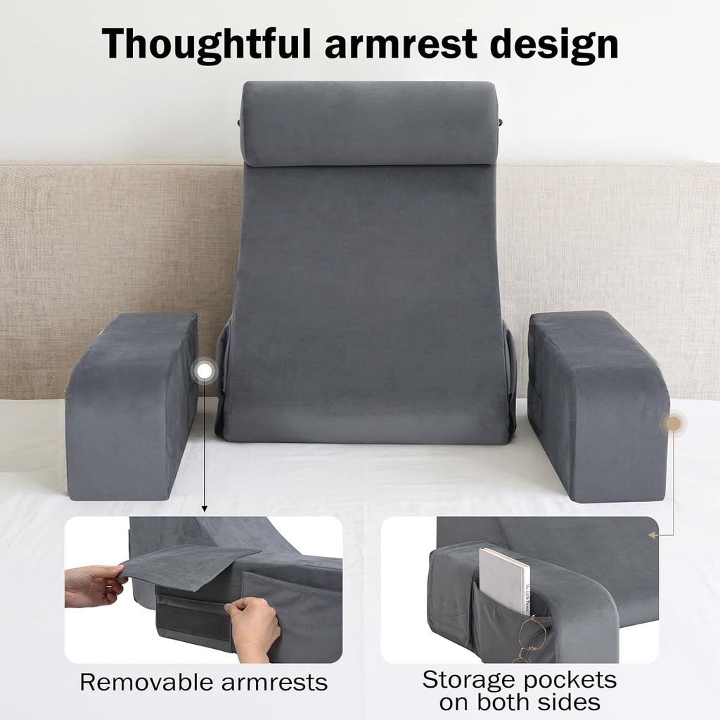ENITYA Back Pillow for Bed Sitting Up,Reading Pillow with Armrests & Big Pockets for Adults,Upright Pillow for Resting,Watching TV,Nursing,Recovery,Gaming,Grey