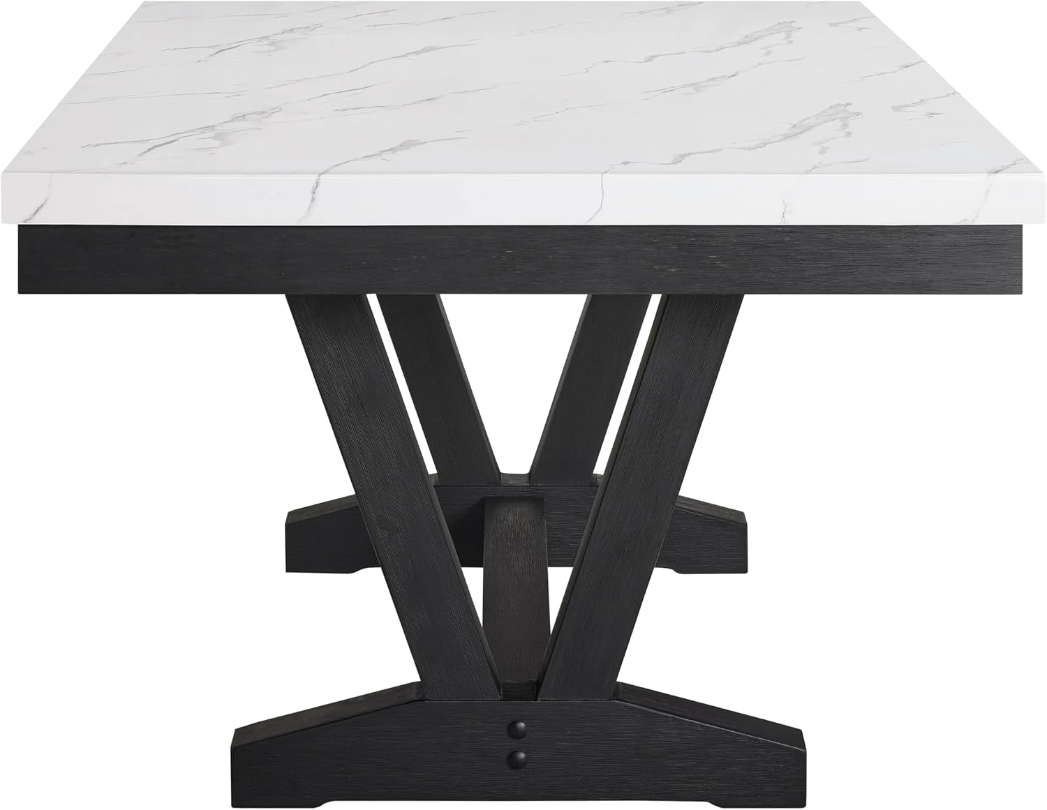 Benzara Vinz Dining Table, 72 Inch White Faux Marble Top, Black Trestle Base