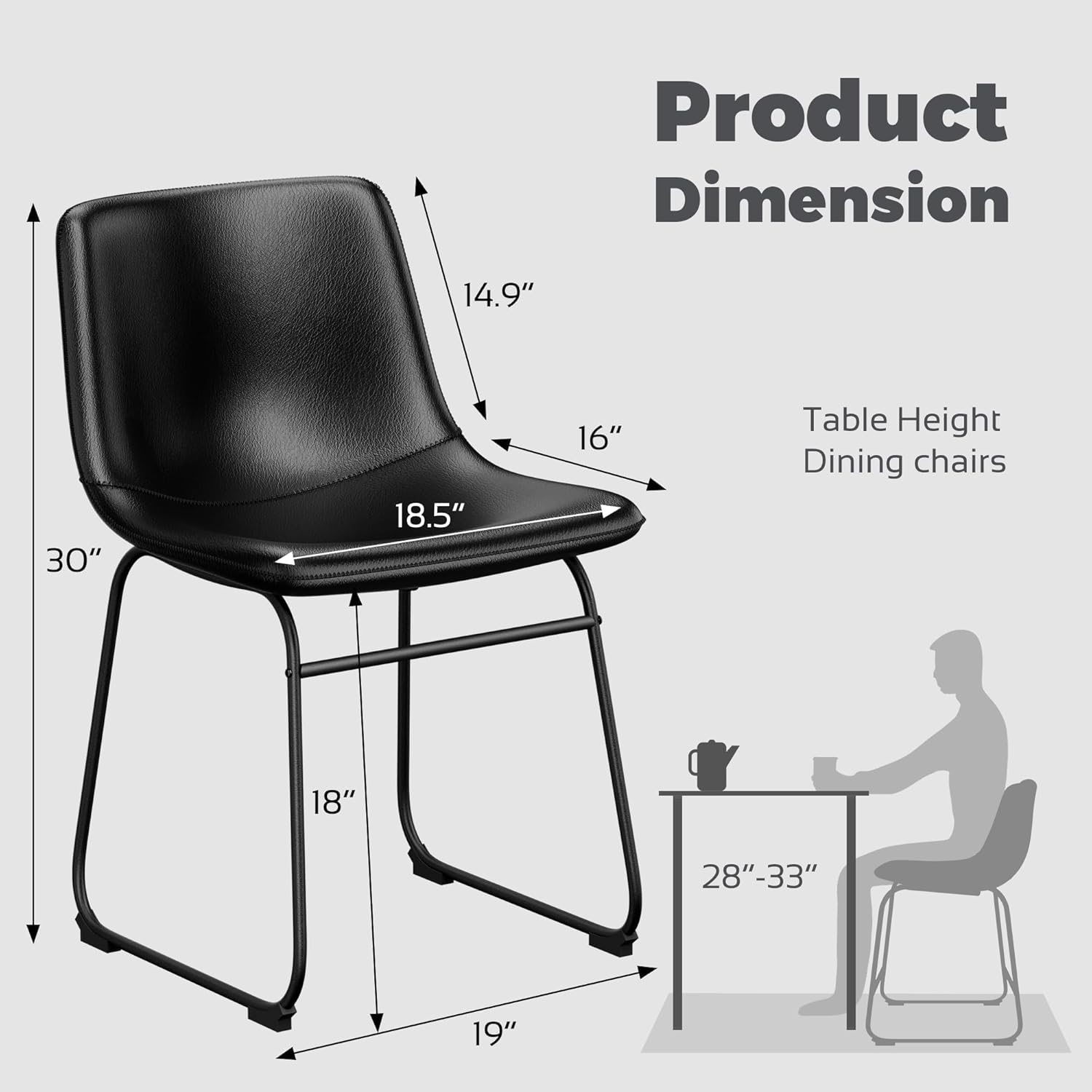 Dining Chairs Set of 6, 18 Inch Kitchen Chairs with Back, Faux Leather Armless Dining Room Chairs with Metal Legs for Home, Bistro Coffee Shops (Black)