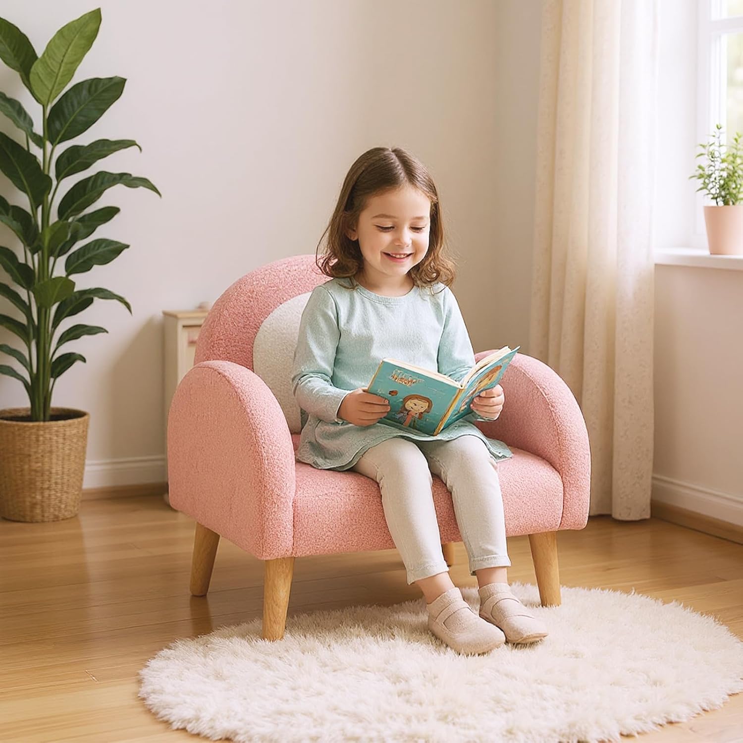 Costzon Kids Sofa, Children Pink Armchair with Solid Wood Frames, Plush Fabric, Anti-Tip Design, Floor Reading Sofa Chair for Playroom, Kids Room, Nursery, Toddler Couch Chair Comfy for Boys Girls