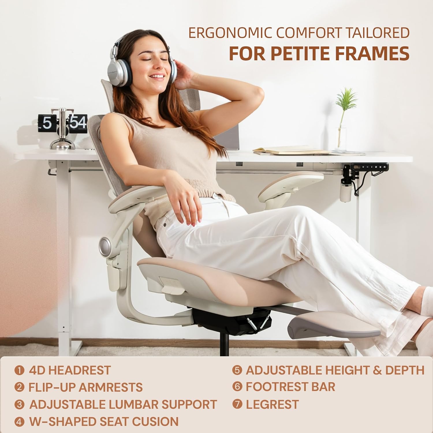 CabLady S2 Petite Office Chair for Women & Small Frames - 330lb Capacity, 4D Adjustable Lumbar/Headrest, Flip-Up Arms & Footrest, Ergonomic Desk Chair