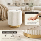 Round Ottoman Stool, Fur-Like Upholstered Small Ottoman Foot Rest with Gold Stainless Steel Plinth Base, Modern Vanity Stool for Living Room, Bedroom, Entryway, White