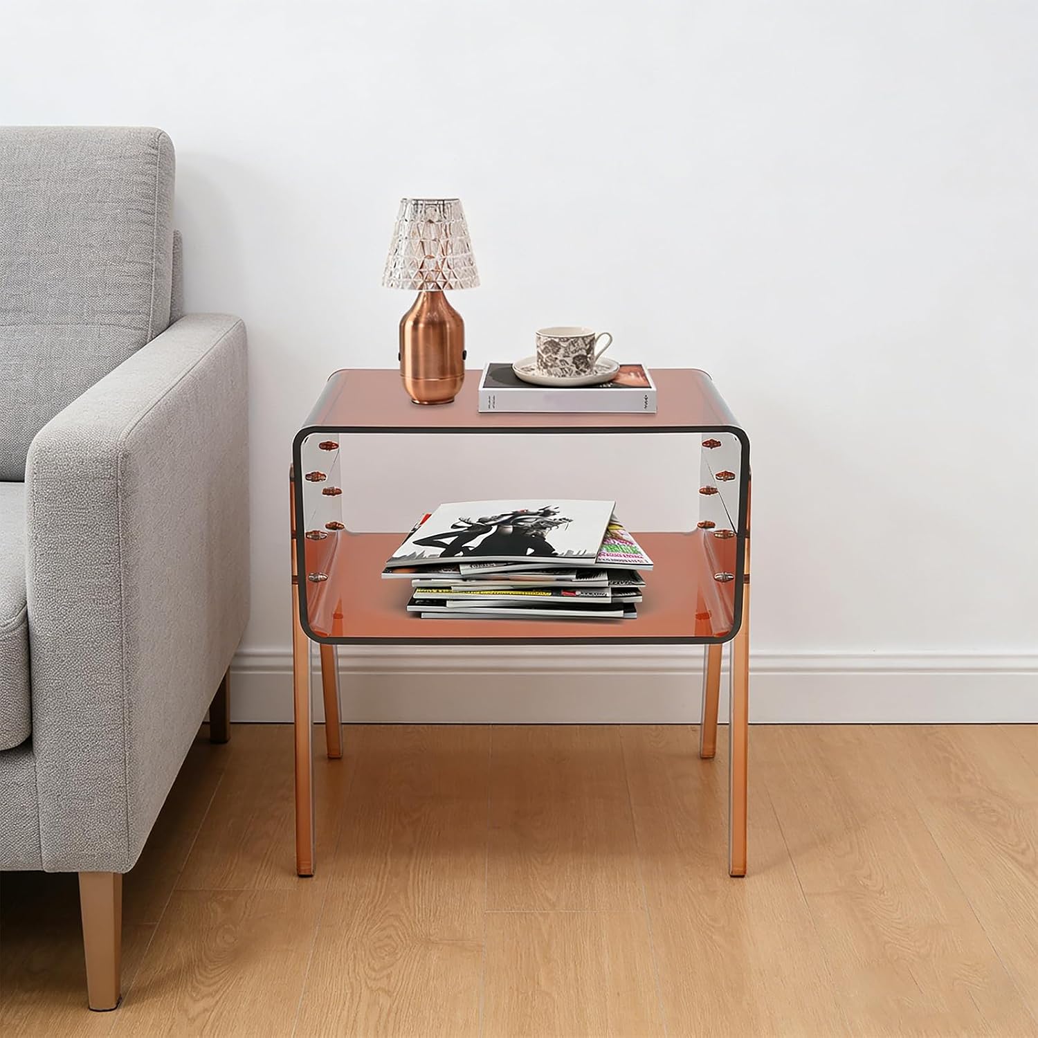 Acrylic Side Table, Small End Table for Living Room, Bedroom & Office, 2-Tier End Table with Open Storage, Sturdy Brown Accent Table for Apartment, Dorm, Minimalist Home Decor (Brown)