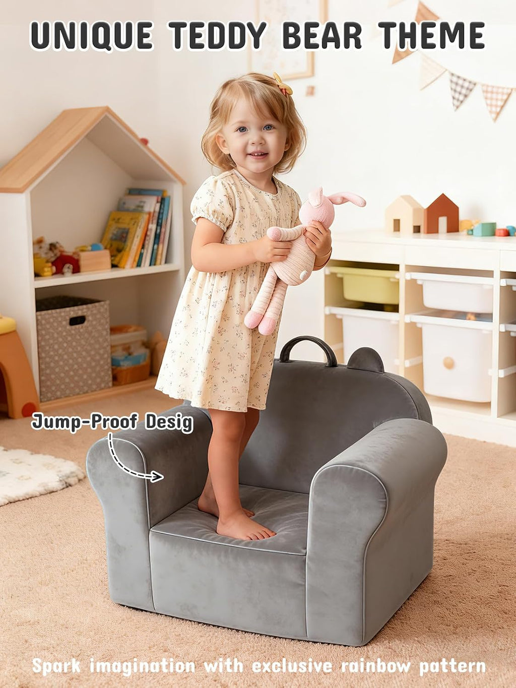 Kids Sofa Chair with Removable Washable Cover Kids Couch Toddler Chair Toddler Bed Cozy Crystal Velvet Furniture for Playtime, Naps & Travel (Soft Grey, Bear Design)