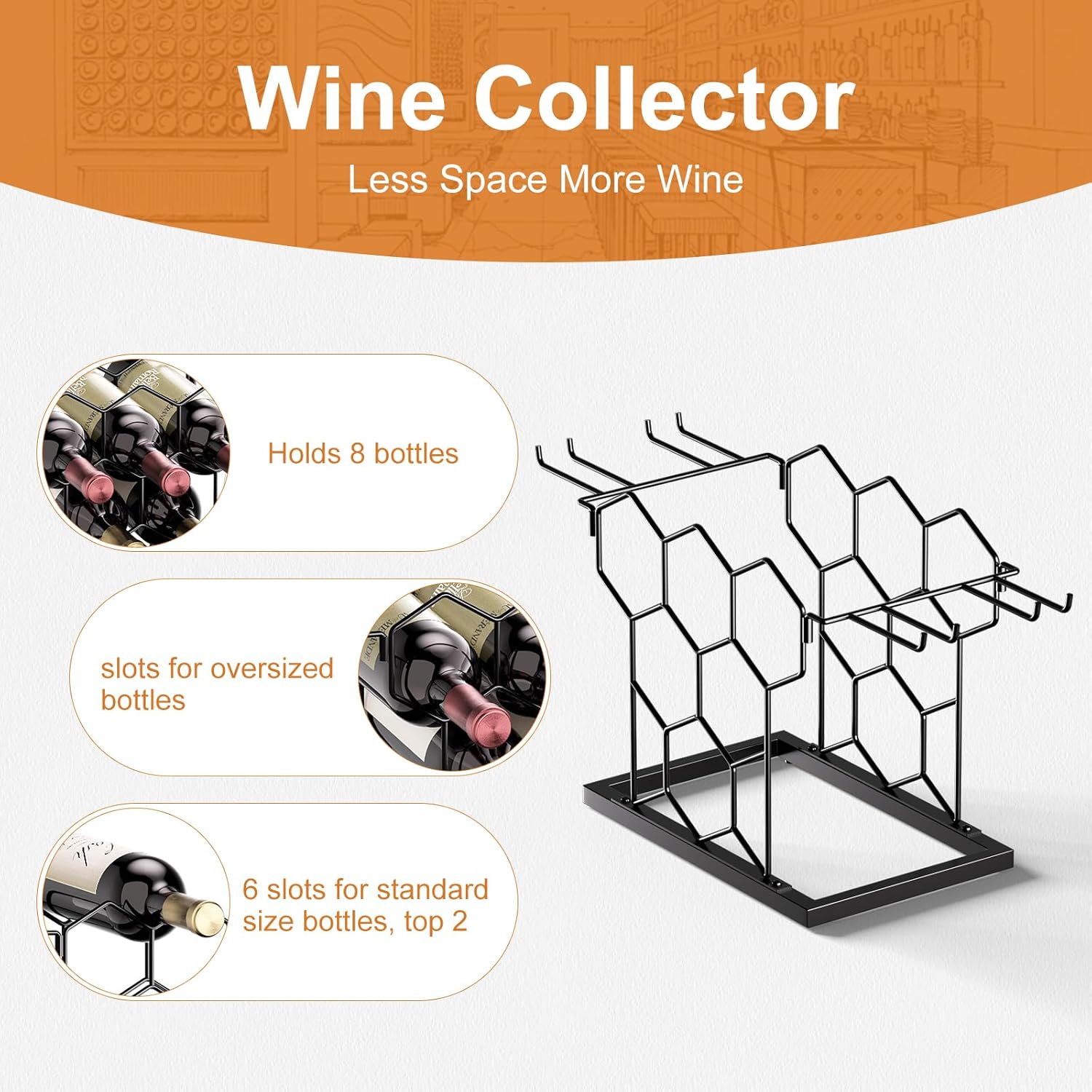 B4Life Countertop Wine Rack 3 Tier, Wine Rack with Glass Holder 8 Bottles, Freestanding Small Liquor Holder Metal, Tabletop Bottle Storage Stand for for Home, Kitchen, Bar, Cellar (Black, 8 Bottles)