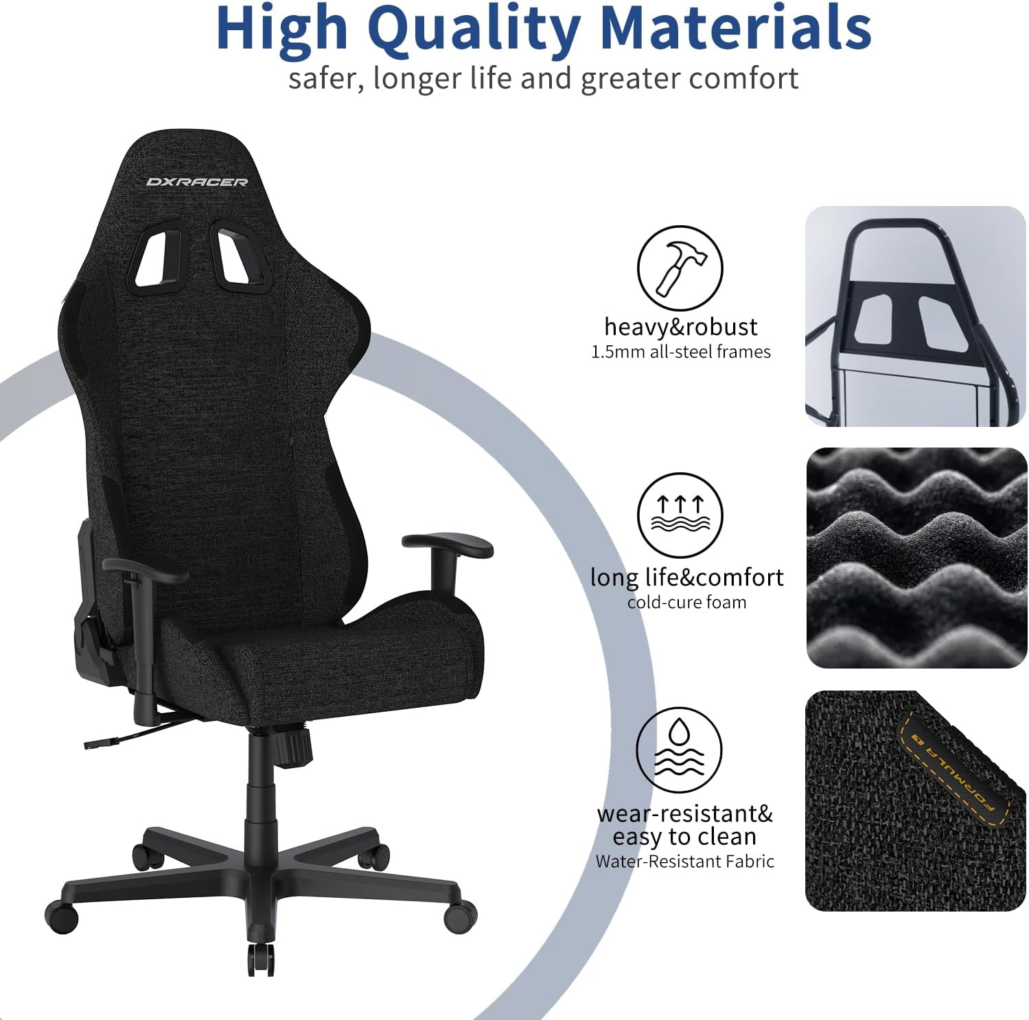 DXRacer Formula Gaming Chair - Ergonomic Chair for Computer and Video Game, Memory Foam Headrest, Lumbar Support, Water-Resistant Fabric, Black