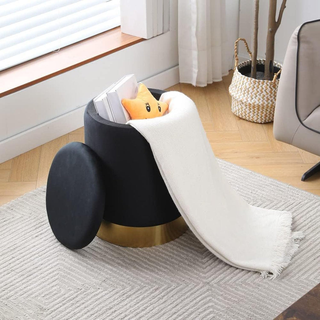 Velvet Storage Ottoman Multipurpose Footrest Stool with Metal Base Modern Round Vanity Stool Chair Ottoman Foot Stools Support 300 lbs Padded Seat for Living Room (Black (Velvet))